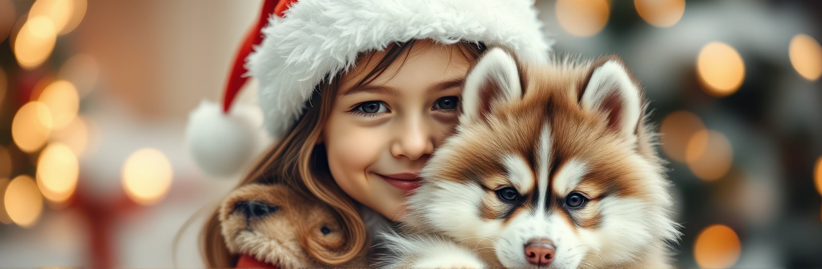 Christmas Celebration: Smiling Girl with Dog in Santa Hat Amidst Festive Winter Lights